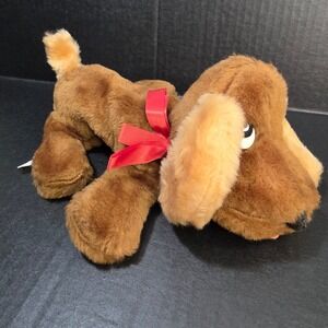 Vintage Rushton Brown Plush Puppy Dog Laying Tan Floppy Ears Red Bow Sad Eyes